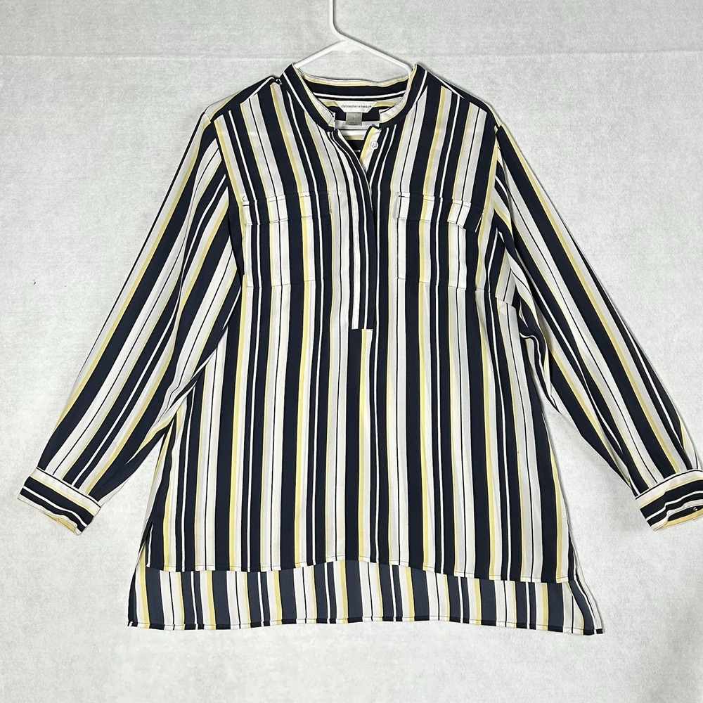 Christopher & Banks‎ Blue Yellow White Striped Long-Sleeve Blouse Womens LARGE